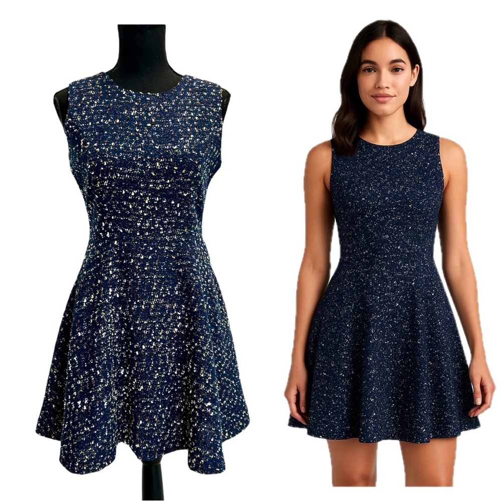 Loft blue speckled textured tweed sleeveless skater circle fit flare mini dress